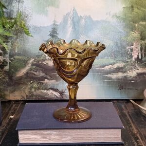 Vintage Fenton Amber Glass Colonial Thumbprint Compote Ruffled Rim Candy Dish 7"